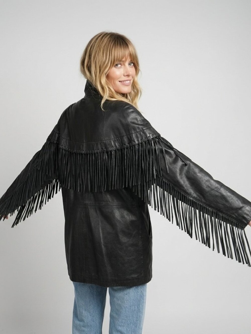 Vintage Black Fringe Lambskin Leather Jacket 1980s Couture VAKKO Coat